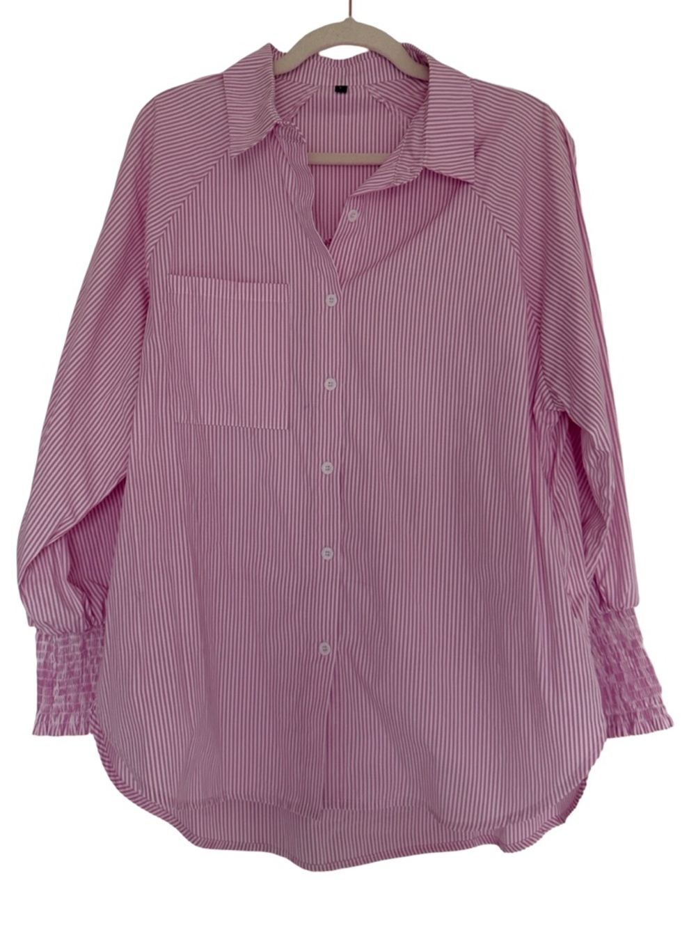 Pink Striped Oversized Button Down Shirt Smocked Cuff L - Picture 4 of 9